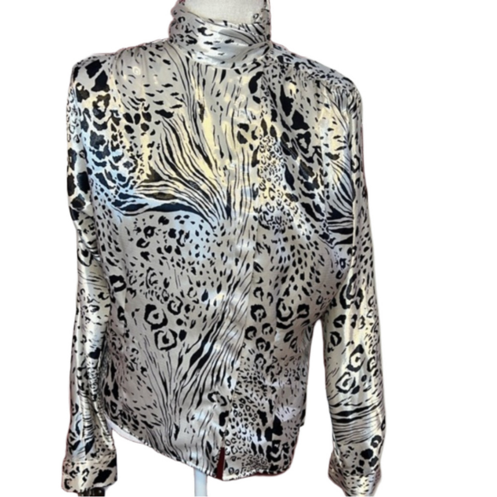 High-Neck Animal Print Satin Blouse - Cream & Black